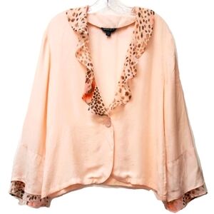 What If Peach Ruffle Detail 100%Silk Button Up Blouse Top Size Large